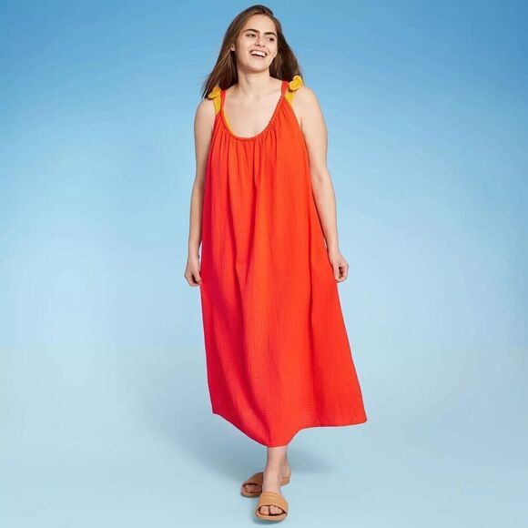 Kona Sol - Women's Midi Cover up Dress - red Orange SIZE S-M (4-10) - Picture 1 of 9
